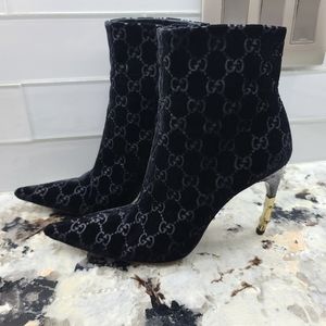 Gucci Chenille Ankle Boots, Snakeskin Bamboo 4in Heel, black sz 7.5